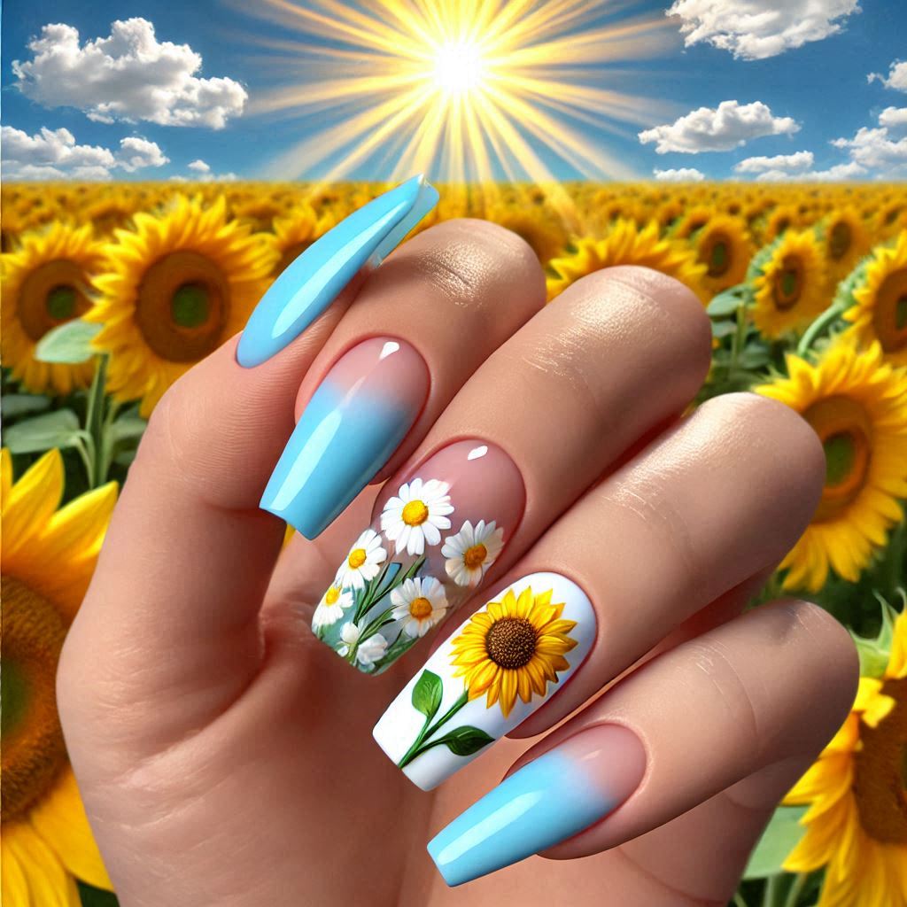 Baby Blue French Tips with 3D Sunflowers