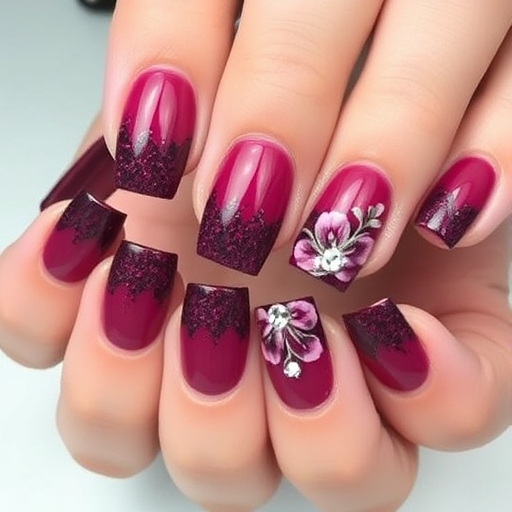 Berry Ombre with Floral Glitter Tips