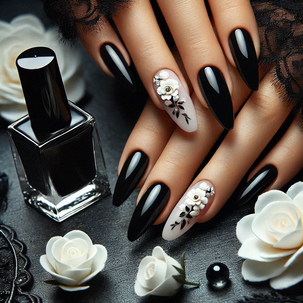 Black French Tips with 3D White Flowers