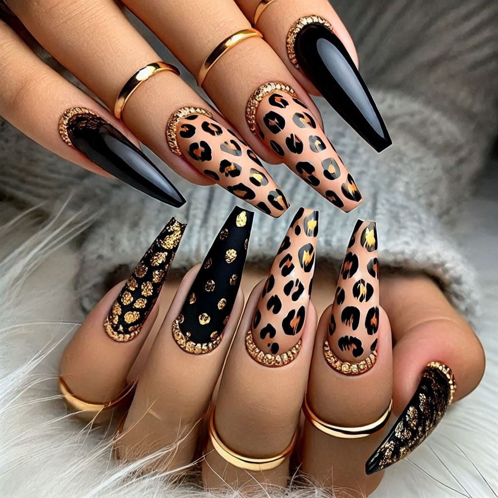 Black and Gold Cheetah Nails