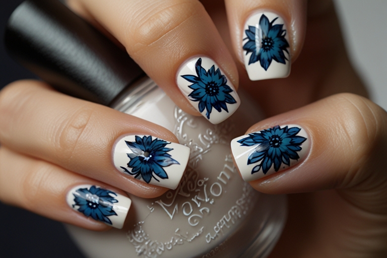 Blue Flower Accent Nails