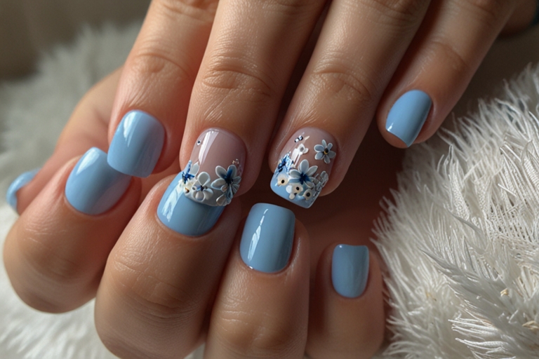 Blue Flower French Tips