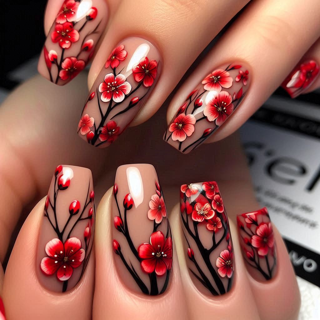 Bold Red Cherry Blossoms