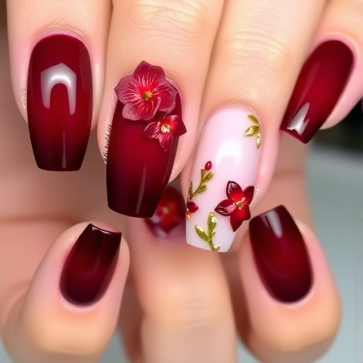 Burgundy Ombre with 3D Floral Accents