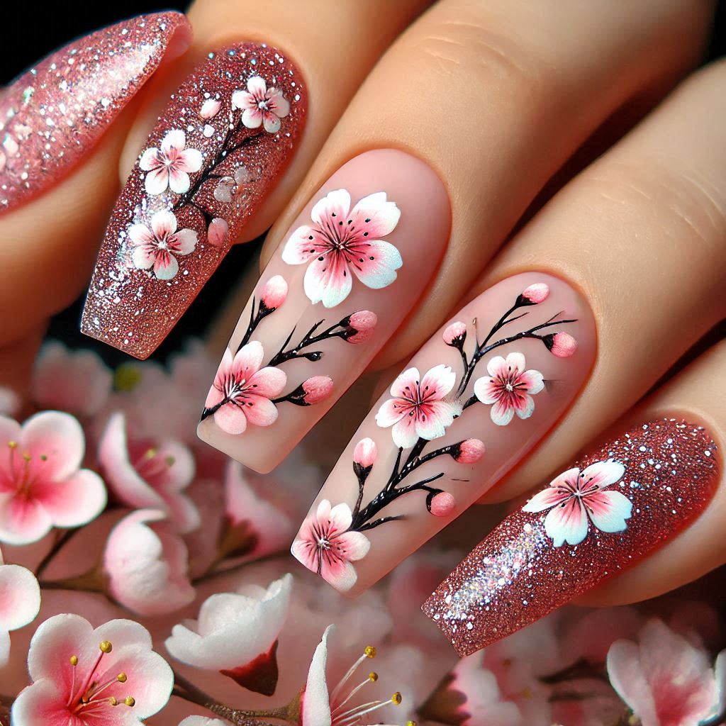 Cherry Blossom with Glitter Tips