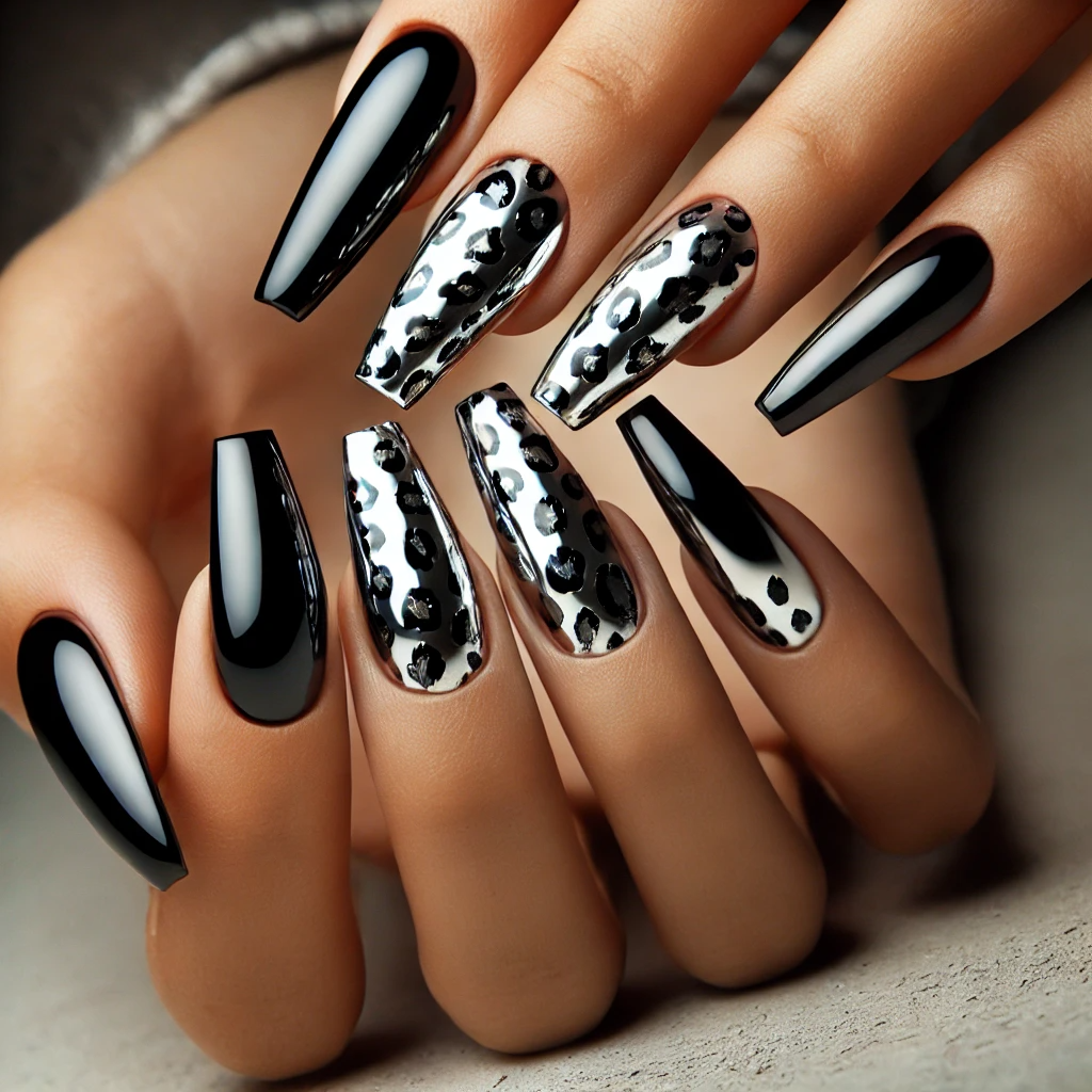 Chrome Black Cheetah Nails