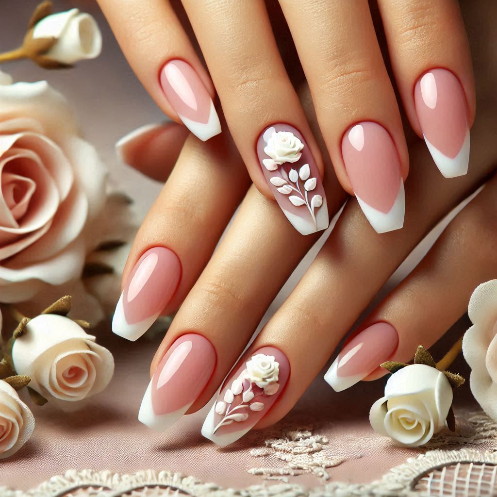Classic French Tips with 3D Roses