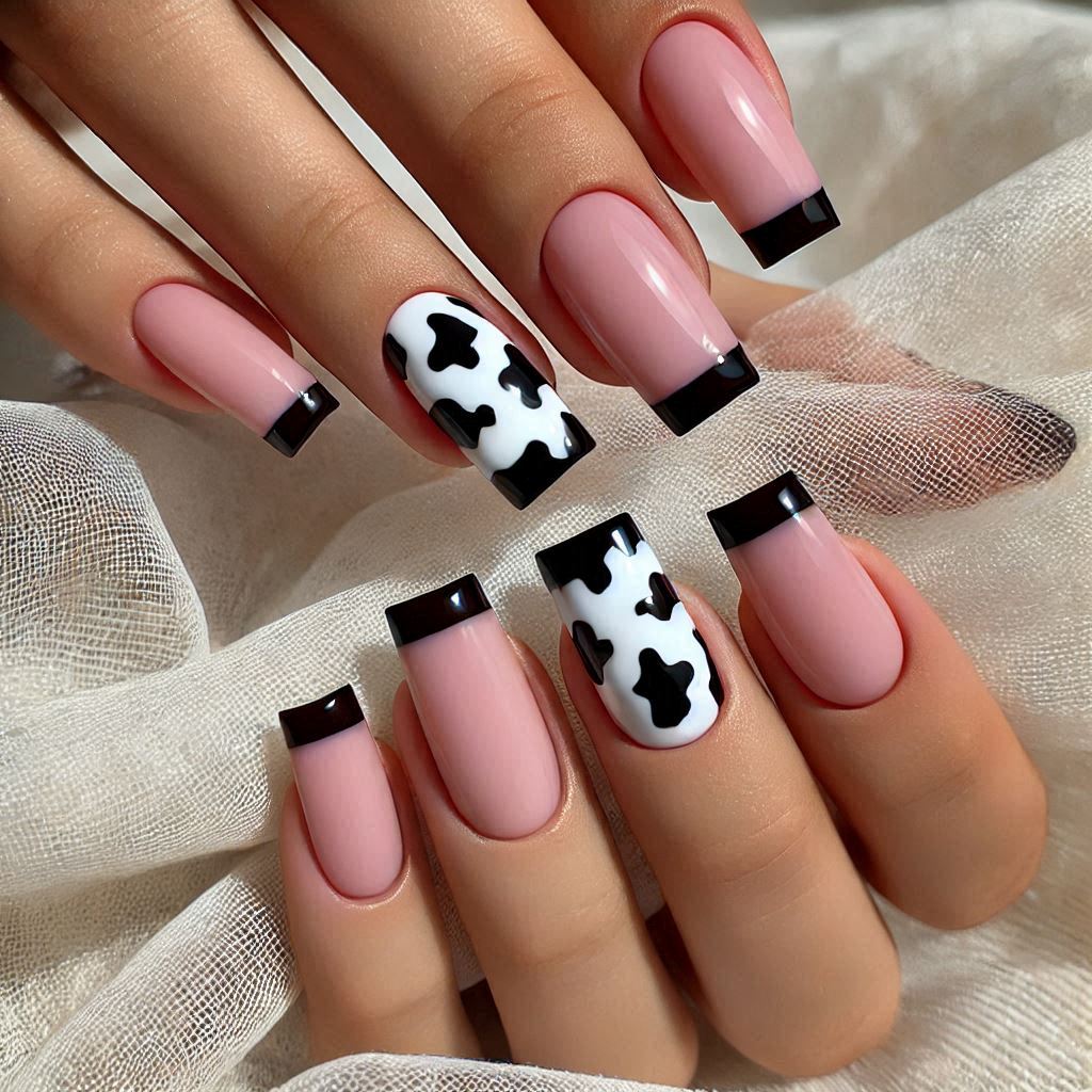 Cow Print with French Tips