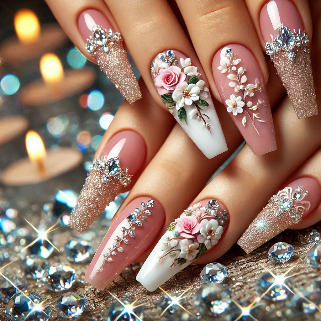 Crystal French Tips with 3D Floral Embellishments