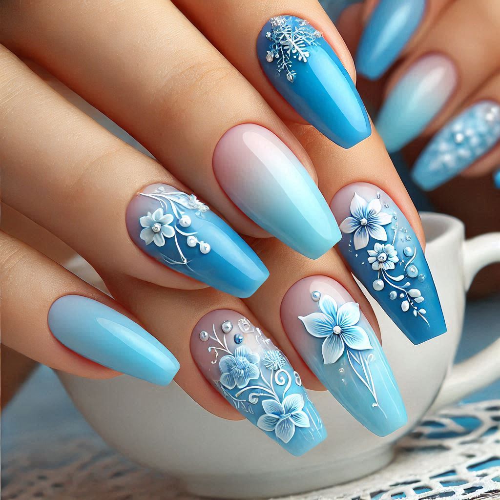 Floral Ombre Blue Gradient