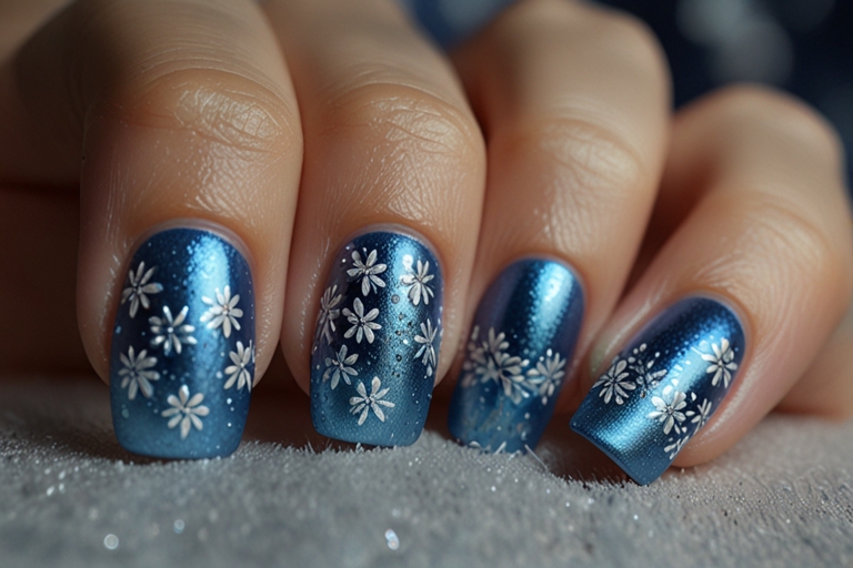 Frosted Blue Floral Nails