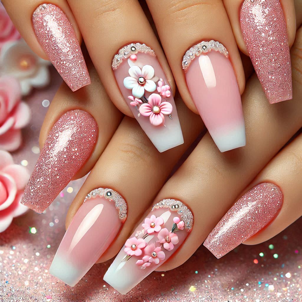 Glitter French Tips with 3D Flowers