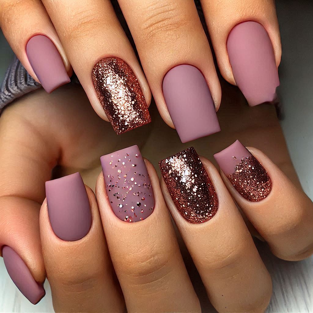 Glittery Rose Gold Accent Nail