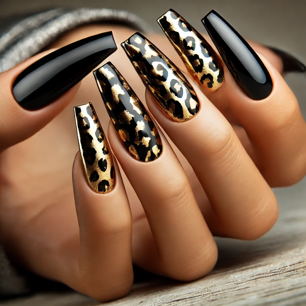 Metallic Cheetah Print on Black Nails