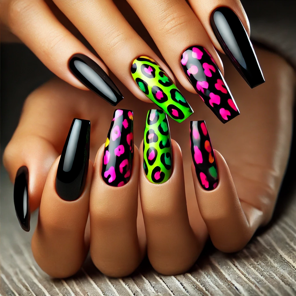 Neon Cheetah Spots on Black Nails