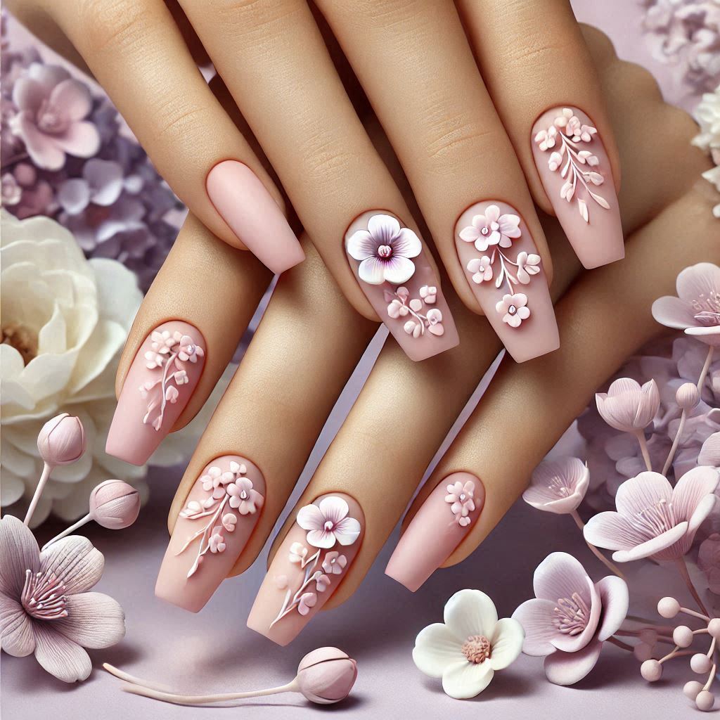 Nude French Tips with Lavender 3D Flowers