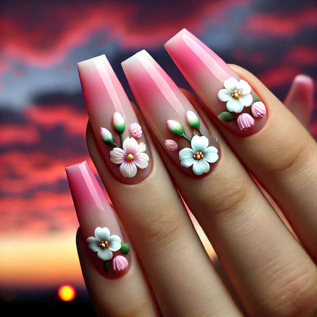 Ombre French Tips with 3D Floral Embellishments