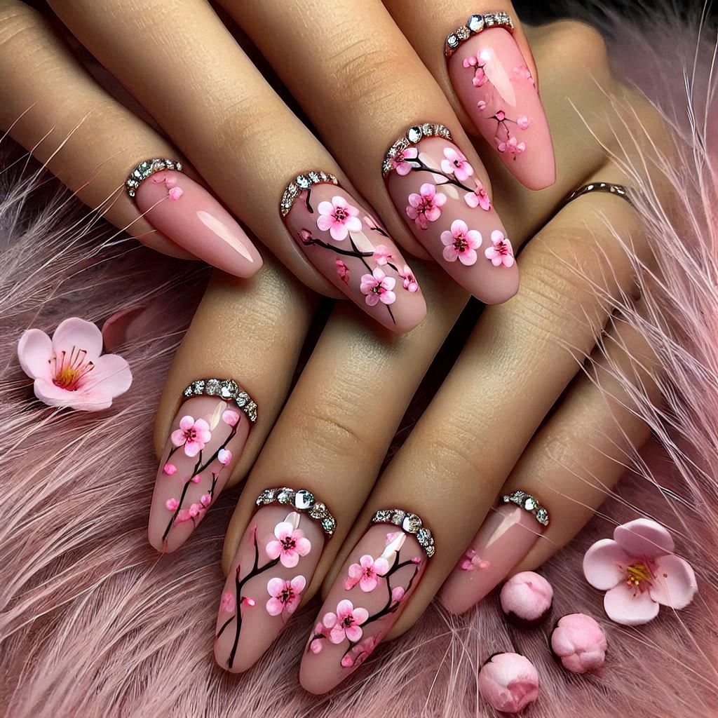 Pink Cherry Blossom and Diamond Accent