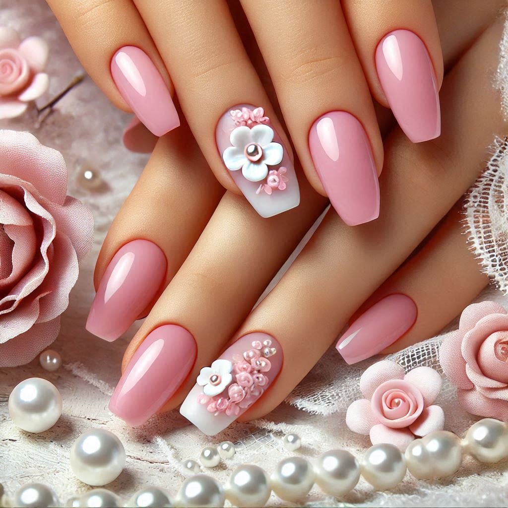 Soft Pink French Tips with Pearl 3D Flowers