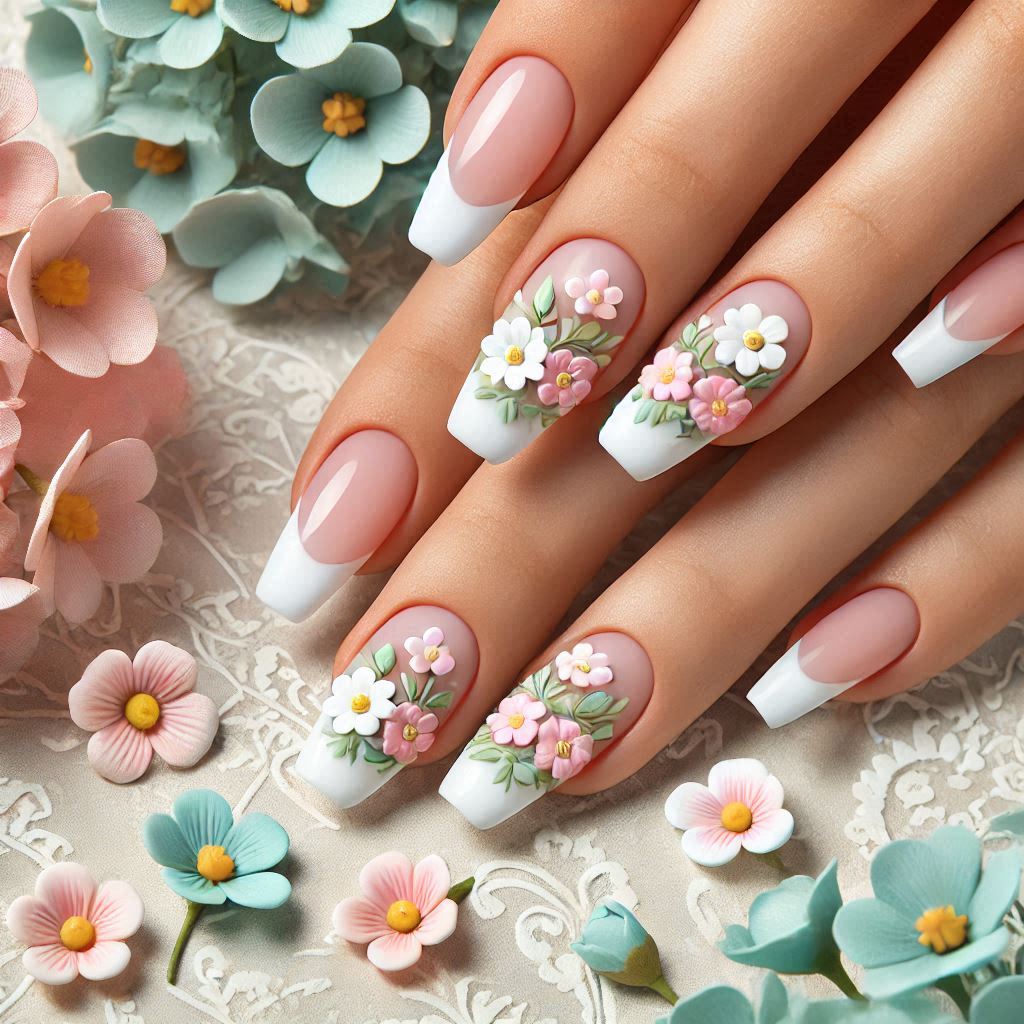 White French Tips with Pastel 3D Florals