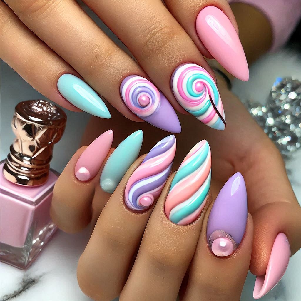Candy Swirl Almond Nails