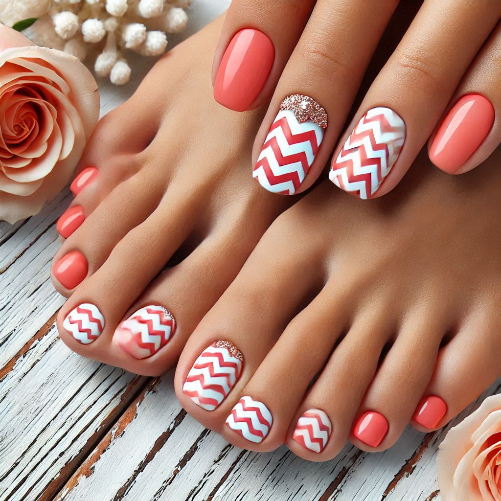 Coral and White Chevron Pedicure