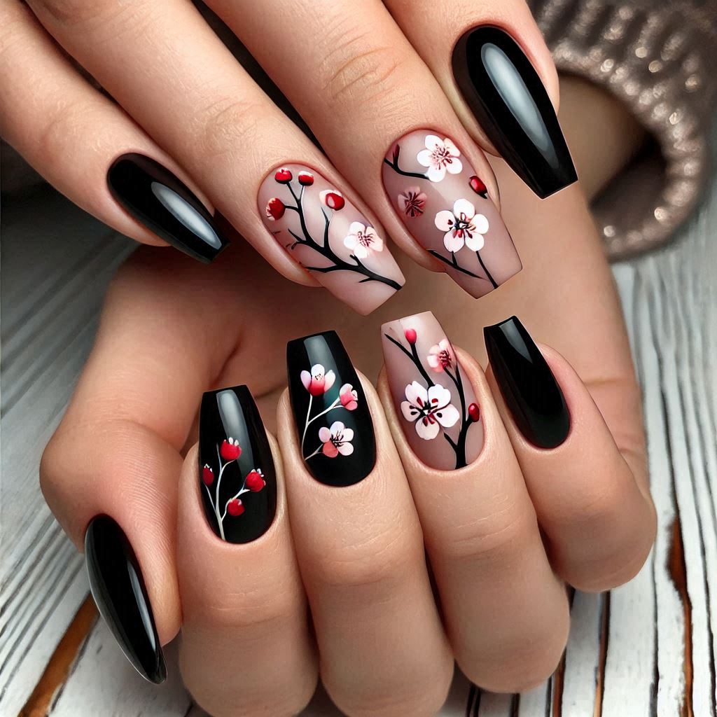 Dark Base Blossom Nail Stickers