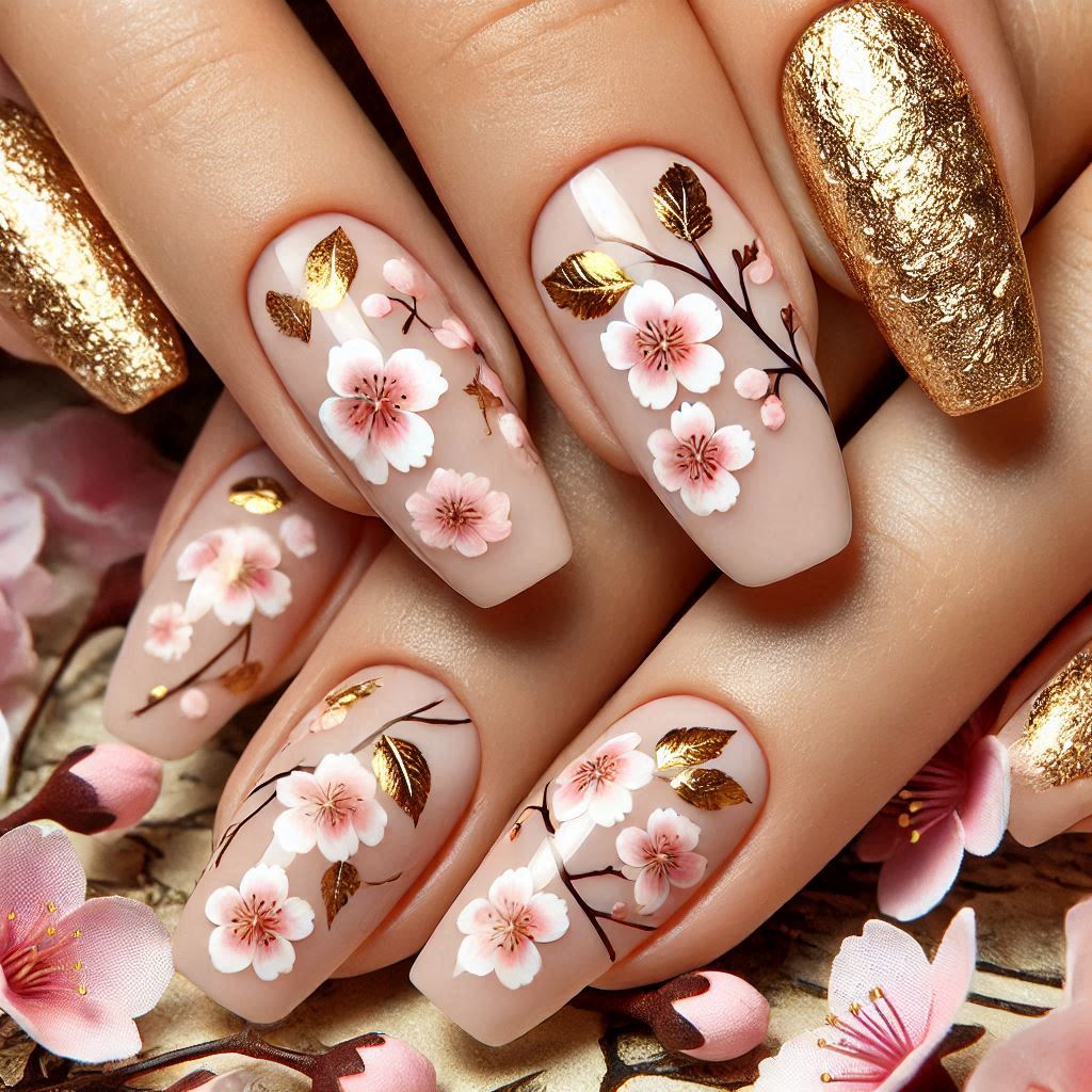 Gold Leaf Blossom Nail Art