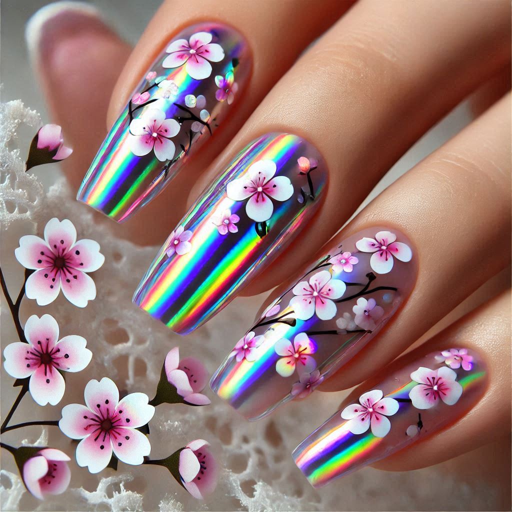 Holographic Cherry Blossom Nail Art