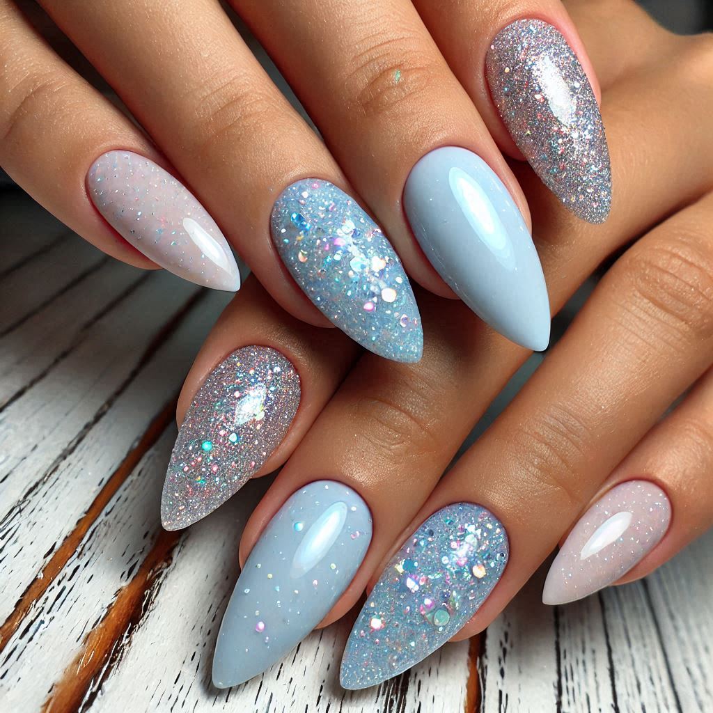 Ice Blue Glitter Nails
