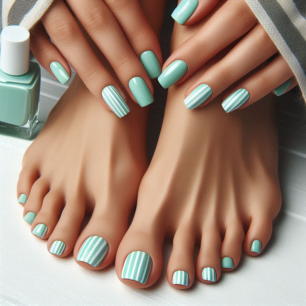 Mint and White Stripes Pedicure