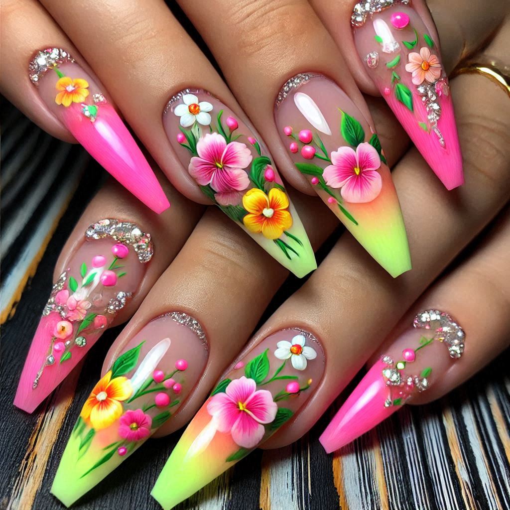 Neon Floral French Tips