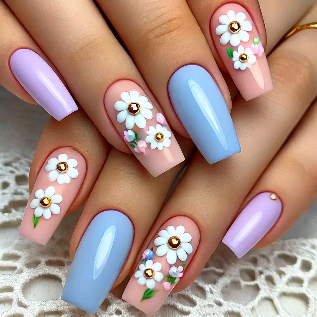 Pastel Daisy Accent Nails