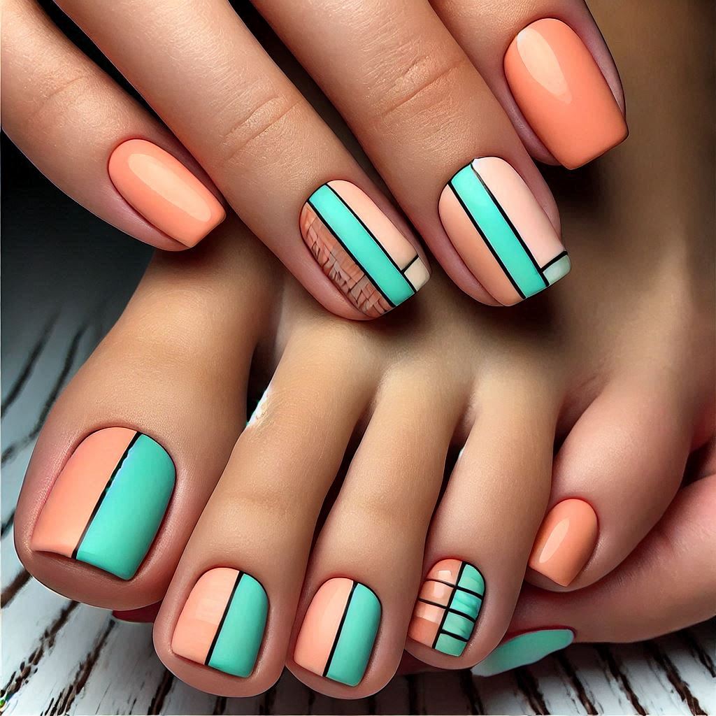 Peach and Mint Color Block Pedicure