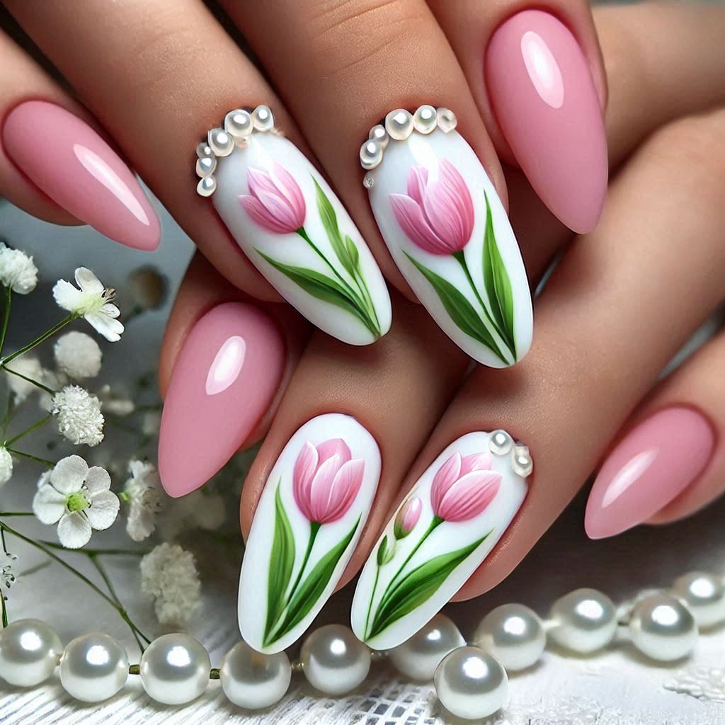 Pink Tulip Blossom Nails