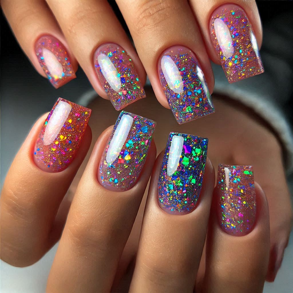 Rainbow Glitter Gel Nails
