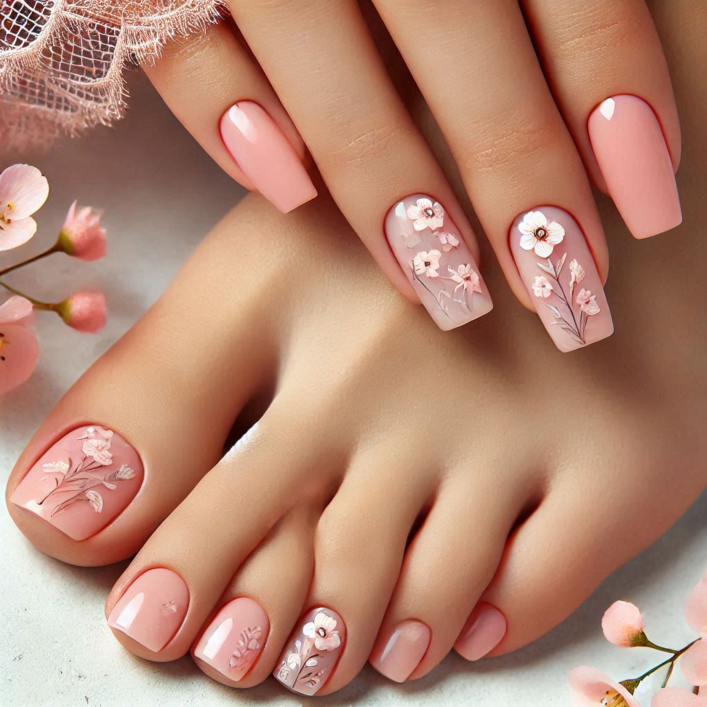 Soft Peach Pedicure with Floral Art