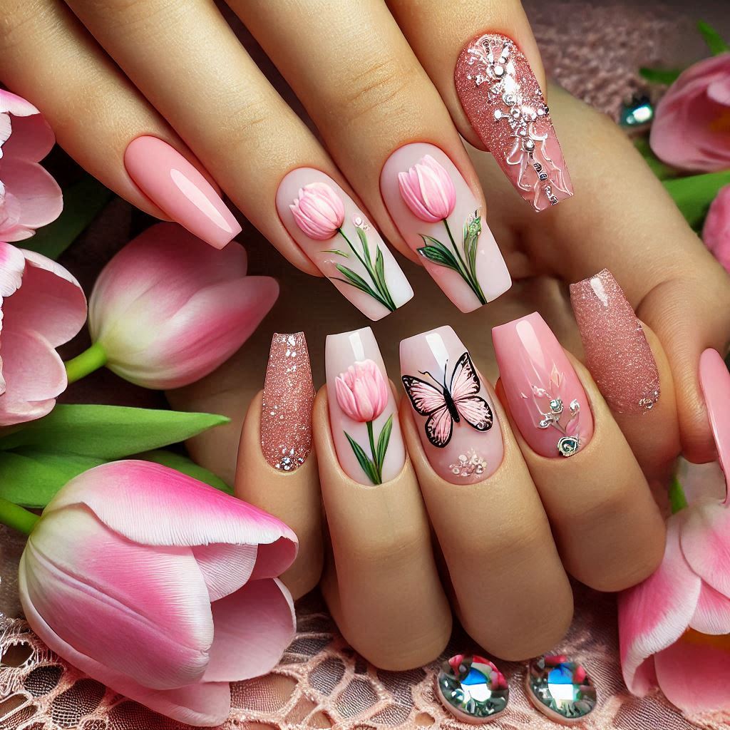 Tulip and Butterfly Combo Nails