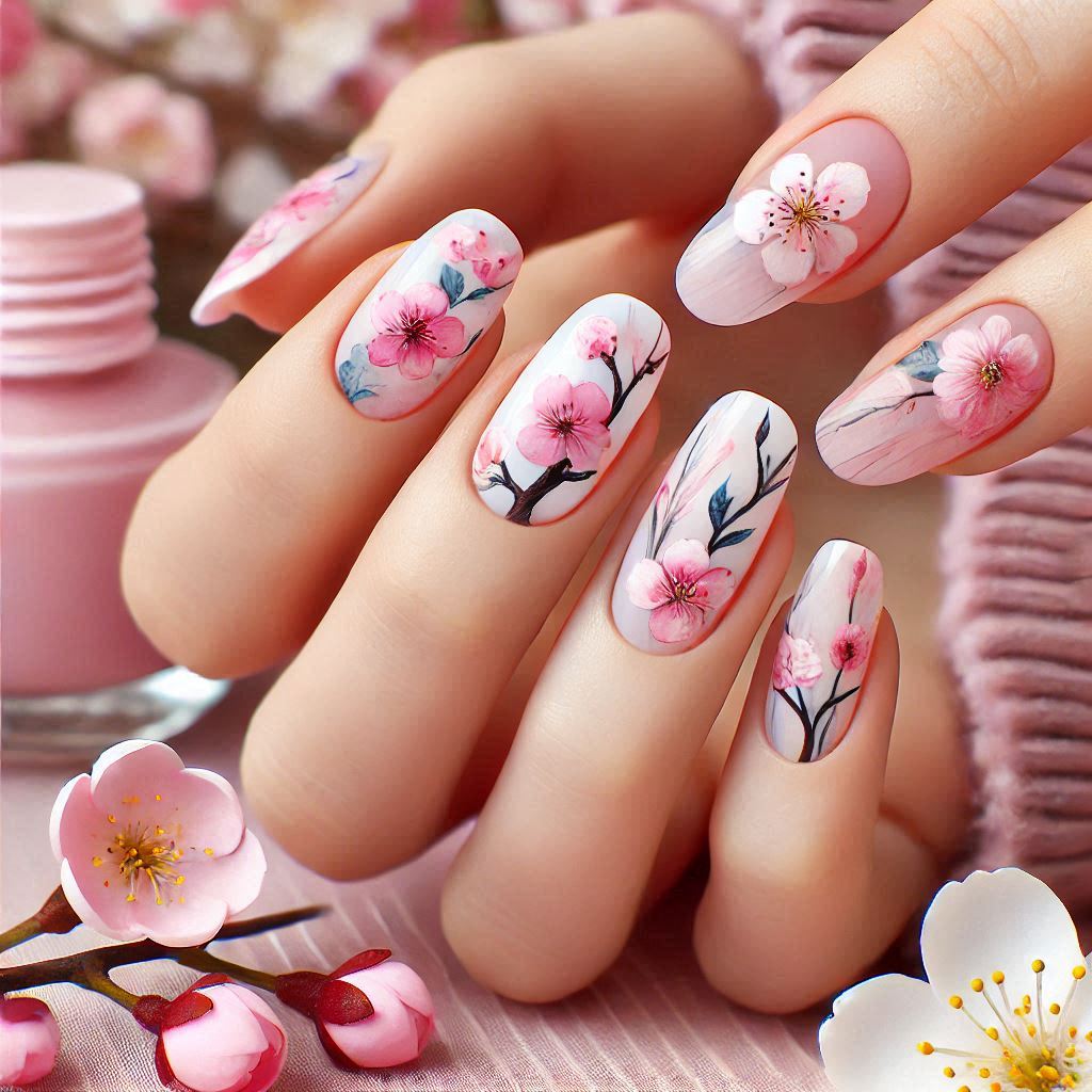 Watercolor Cherry Blossom Nail Designs
