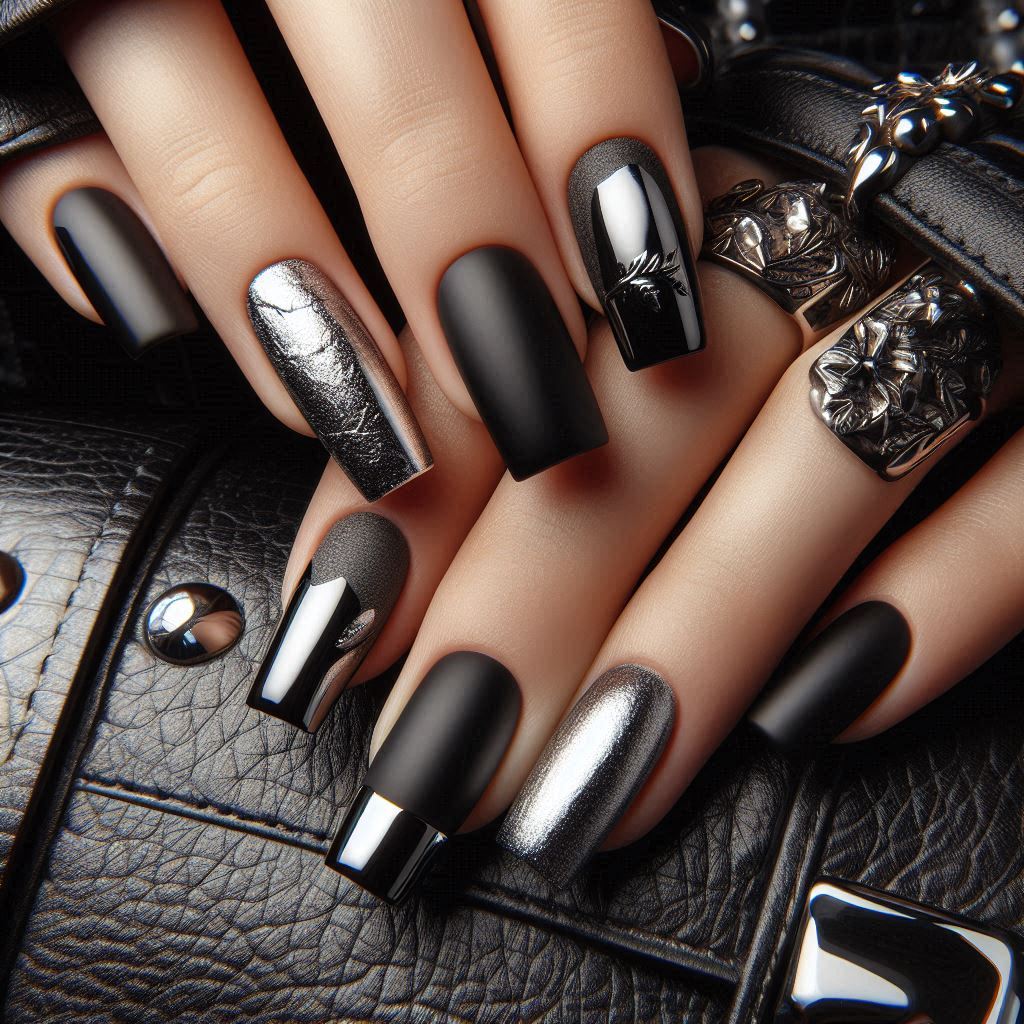 Black and Silver Baddie Square Nails