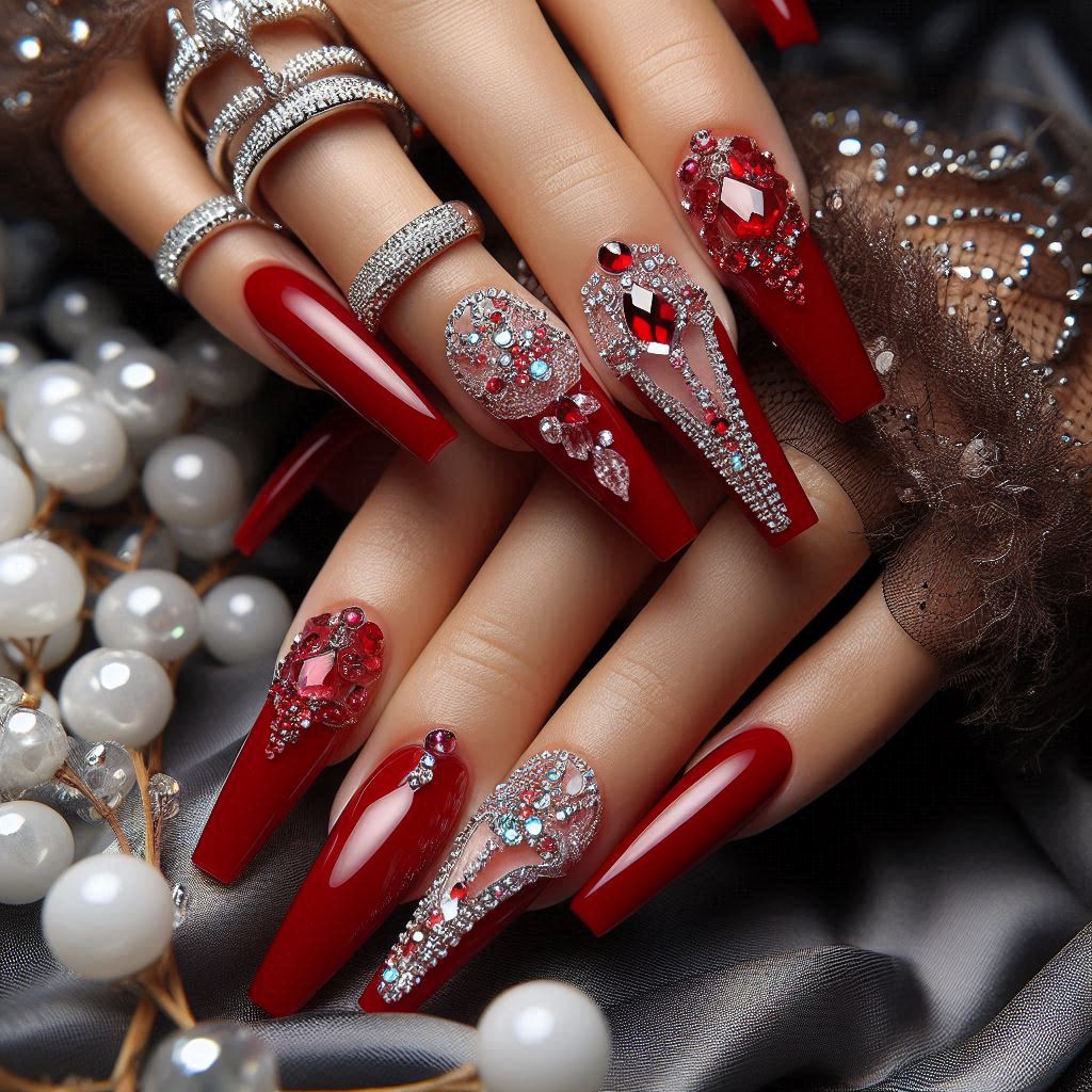 Bold Red Coffin Nails with Rhinestone Accents