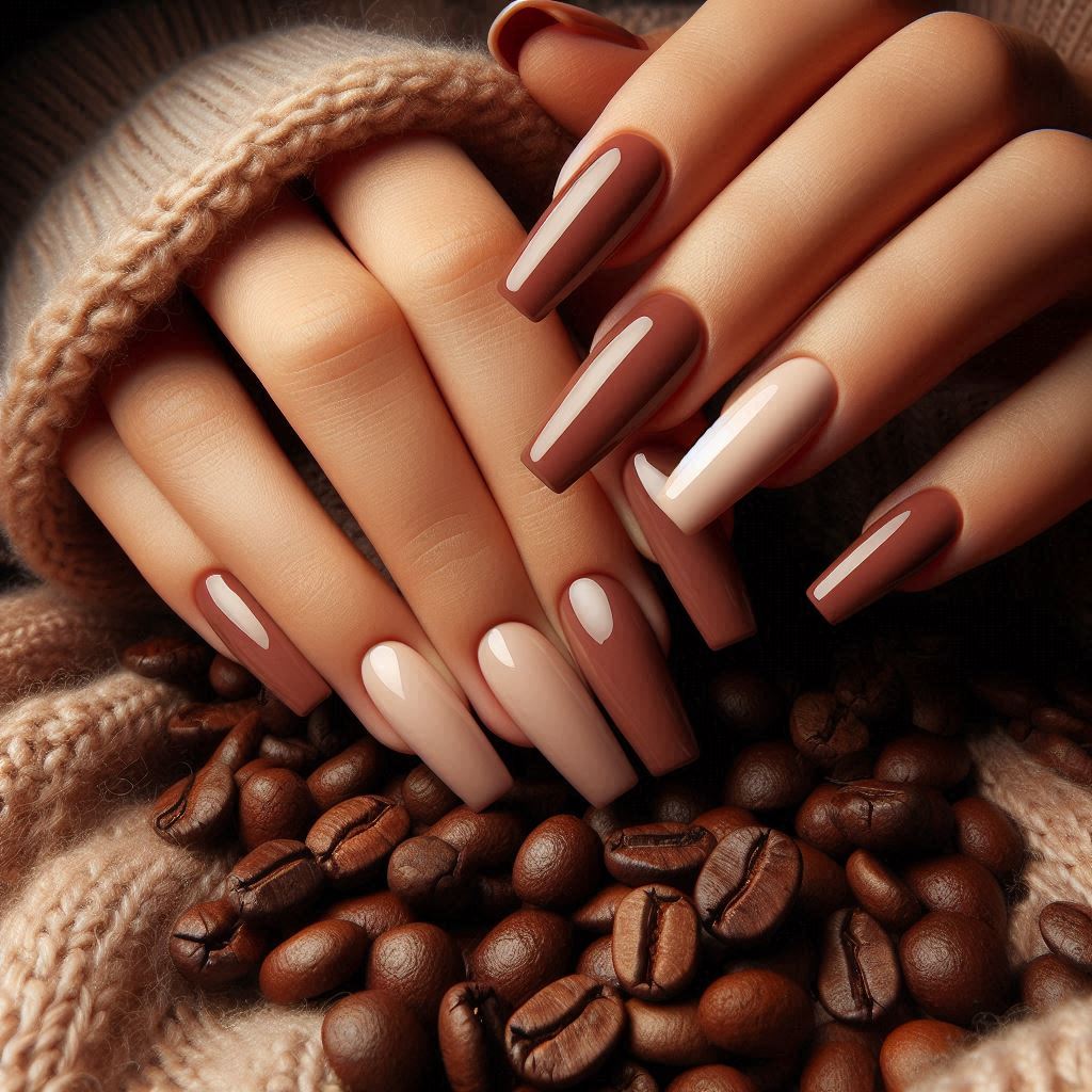 Brown and Nude Baddie Square Nails