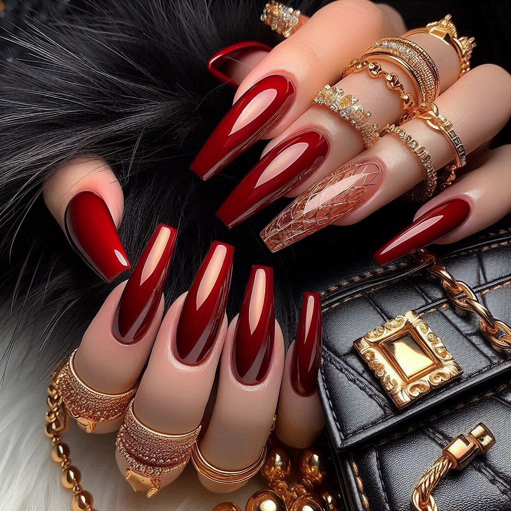 Classic Glossy Coffin Baddie Red Acrylic Nails