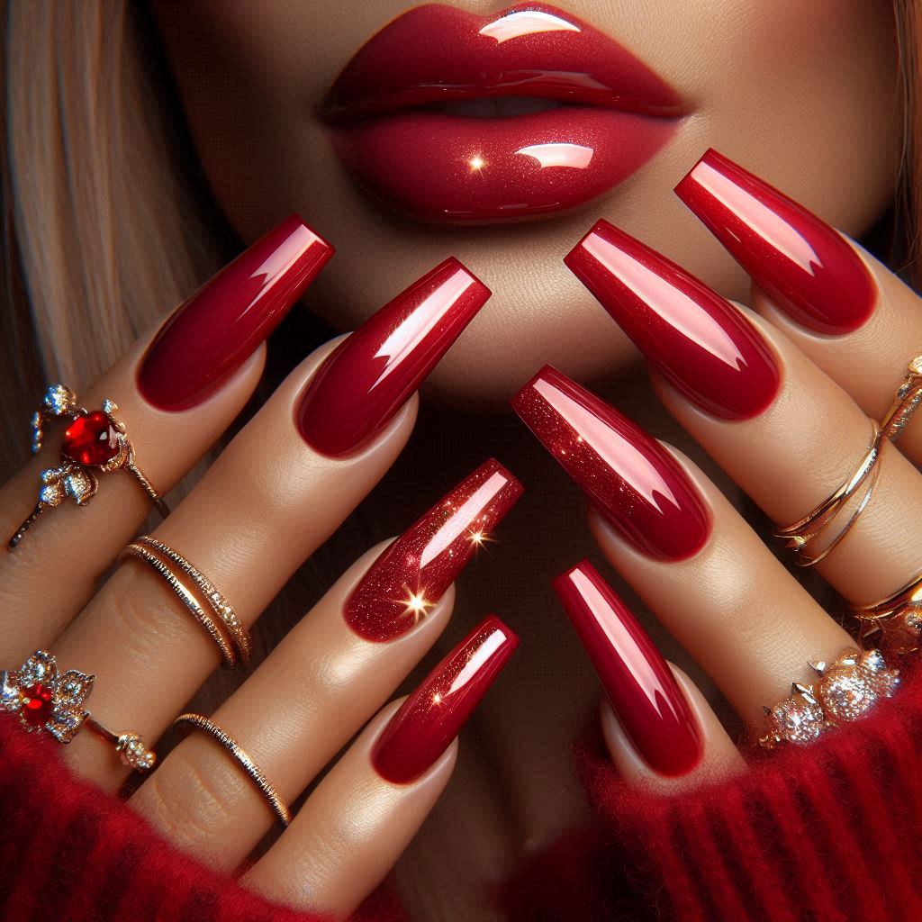 Classic Glossy Red Coffin Nails
