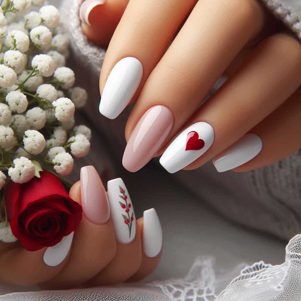 Classic White Nails with Red Heart Accent