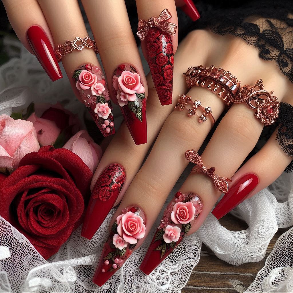 Coffin Baddie Red Acrylic Nails with 3D Roses
