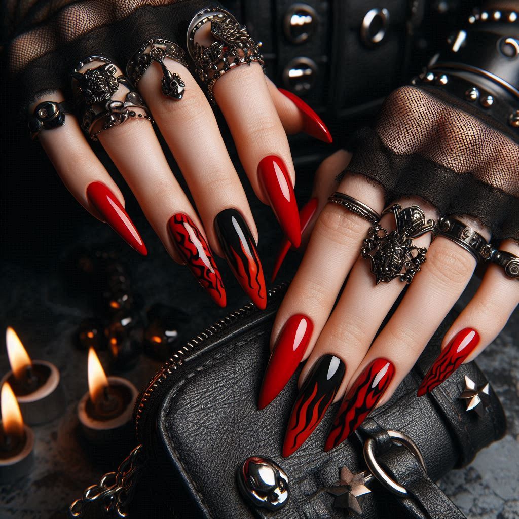 Coffin Baddie Red Acrylic Nails with Black Flames
