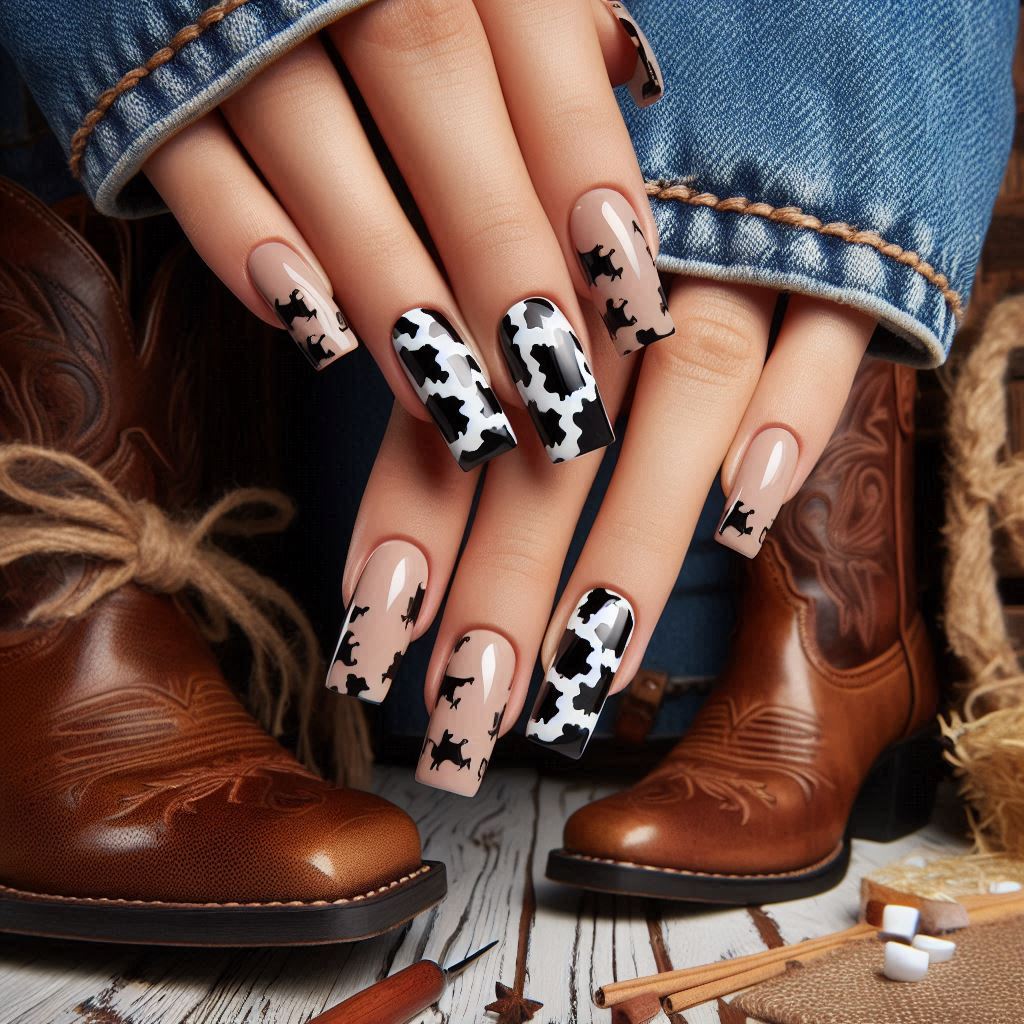 Cow Print Baddie Square Nails