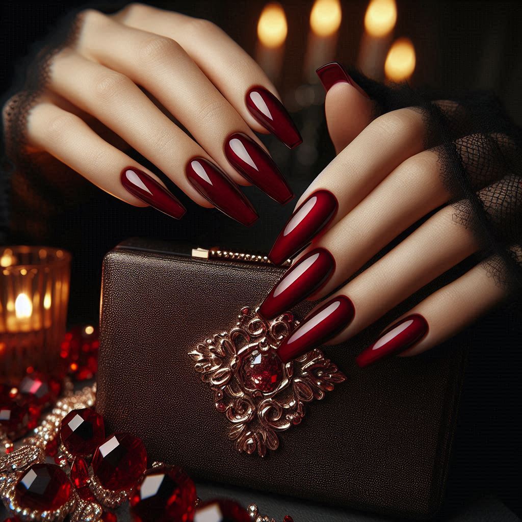 Deep Wine Red Coffin Nails for a Sultry Look