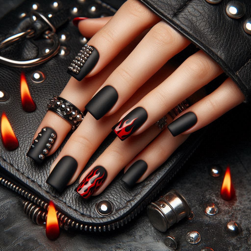 Edgy Grunge Black and Red Baddie Square Nails
